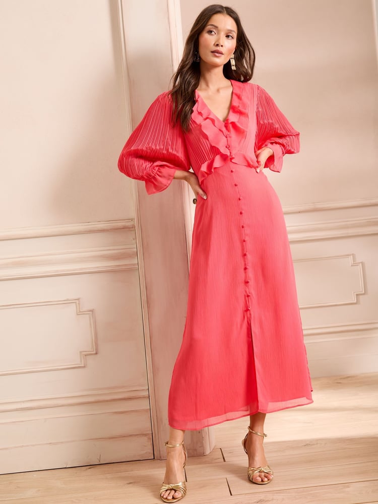 Love & Roses Coral Pink Pleated Ruffle Midi Dress - Image 1 of 4
