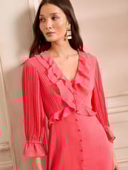 Love & Roses Coral Pink Pleated Ruffle Midi Dress - Image 2 of 4