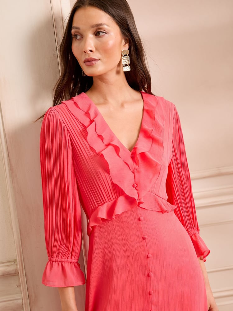 Love & Roses Coral Pink Pleated Ruffle Midi Dress - Image 2 of 4 Love & Roses Coral Pink Pleated Ruffle Midi Dress - Image 2 of 4