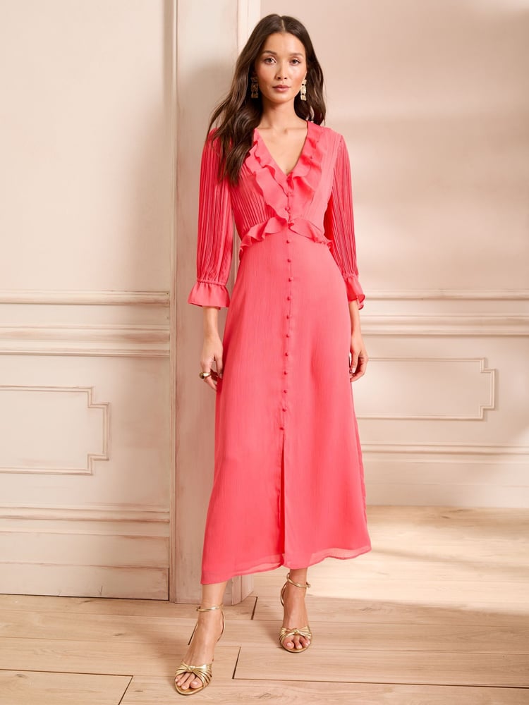 Love & Roses Coral Pink Pleated Ruffle Midi Dress - Image 4 of 4 Love & Roses Coral Pink Pleated Ruffle Midi Dress - Image 4 of 4