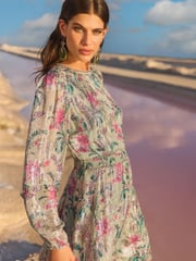 V&A I Love & Roses Sage Floral Petite Metallic Ruffle Detail Mini Dress - Image 2 of 4