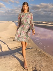 V&A I Love & Roses Sage Floral Petite Metallic Ruffle Detail Mini Dress - Image 3 of 4