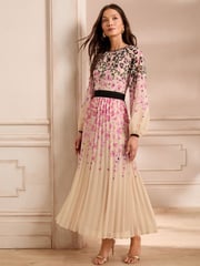 Love & Roses Ivory Animal Petite Printed Crew Neck Pleated Long Sleeve Midi Dress - Image 1 of 5