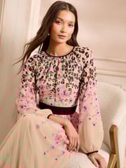 Love & Roses Ivory Animal Petite Printed Crew Neck Pleated Long Sleeve Midi Dress - Image 2 of 5