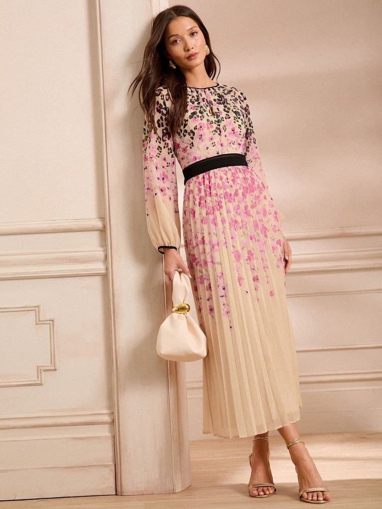 Love & Roses Ivory Animal Petite Printed Crew Neck Pleated Long Sleeve Midi Dress - Image 5 of 5
