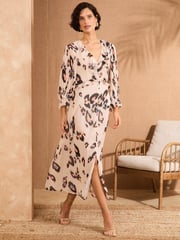 Love & Roses Neutral Animal Pleated Ruffle Midi Dress - Image 1 of 4