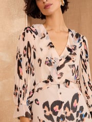 Love & Roses Neutral Animal Pleated Ruffle Midi Dress - Image 2 of 4