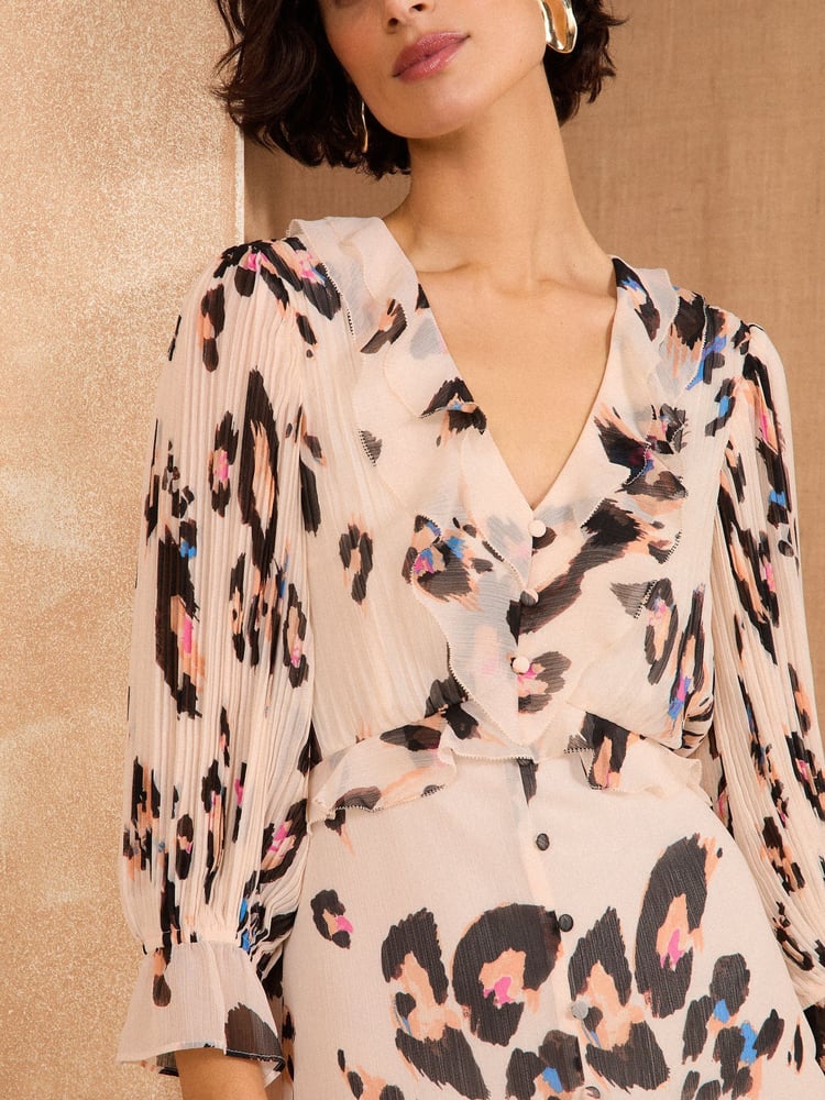 Love & Roses Neutral Animal Pleated Ruffle Midi Dress - Image 2 of 4