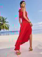 Lipsy Red Plunge Halter Trim Wrap Midi Dress - Image 3 of 4