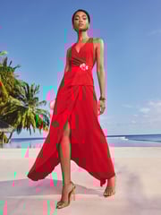 Lipsy Red Plunge Halter Trim Wrap Midi Dress - Image 4 of 4