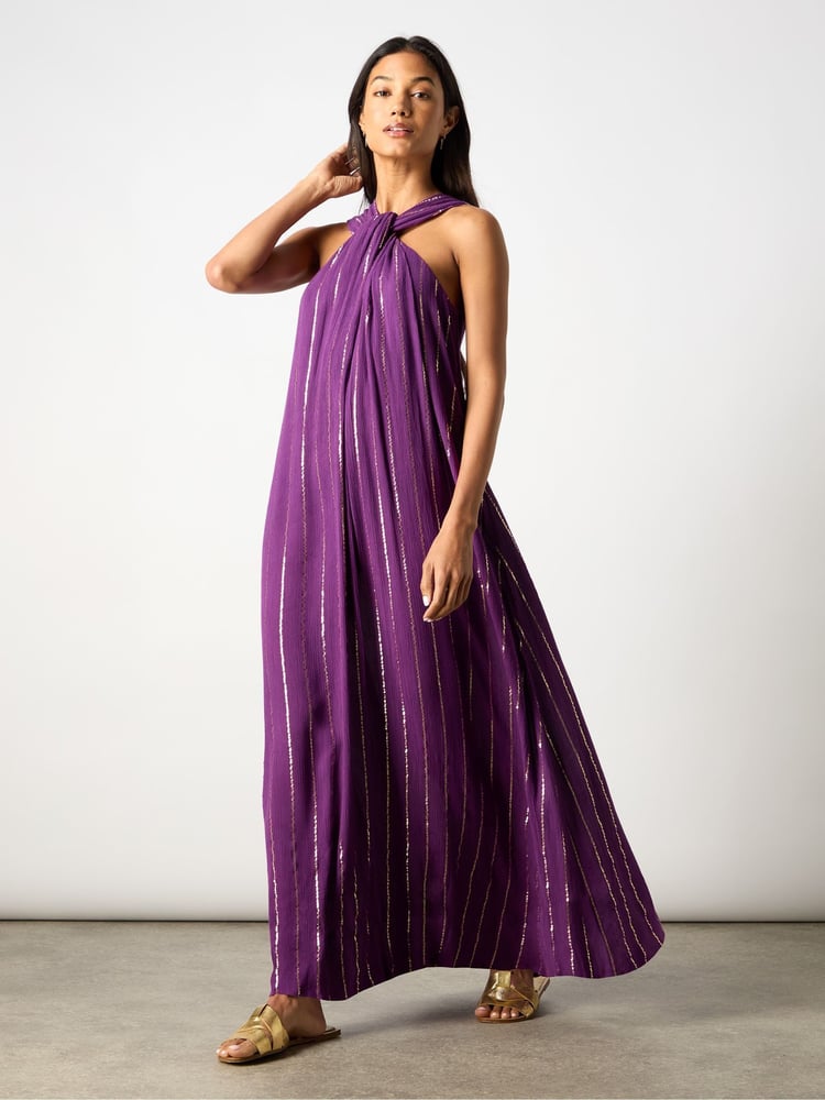 Ro&Zo Purple Metallised Fibres Twist Neck Maxi Dress - Image 1 of 9