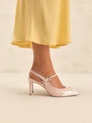 Light Pink Tabitha Simmons x Next Josephine Leather Point Toe Bow Brogue Detail Slingback Shoes - Image 1 of 9