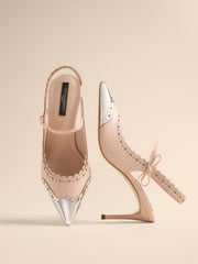Light Pink Tabitha Simmons x Next Josephine Leather Point Toe Bow Brogue Detail Slingback Shoes - Image 7 of 9