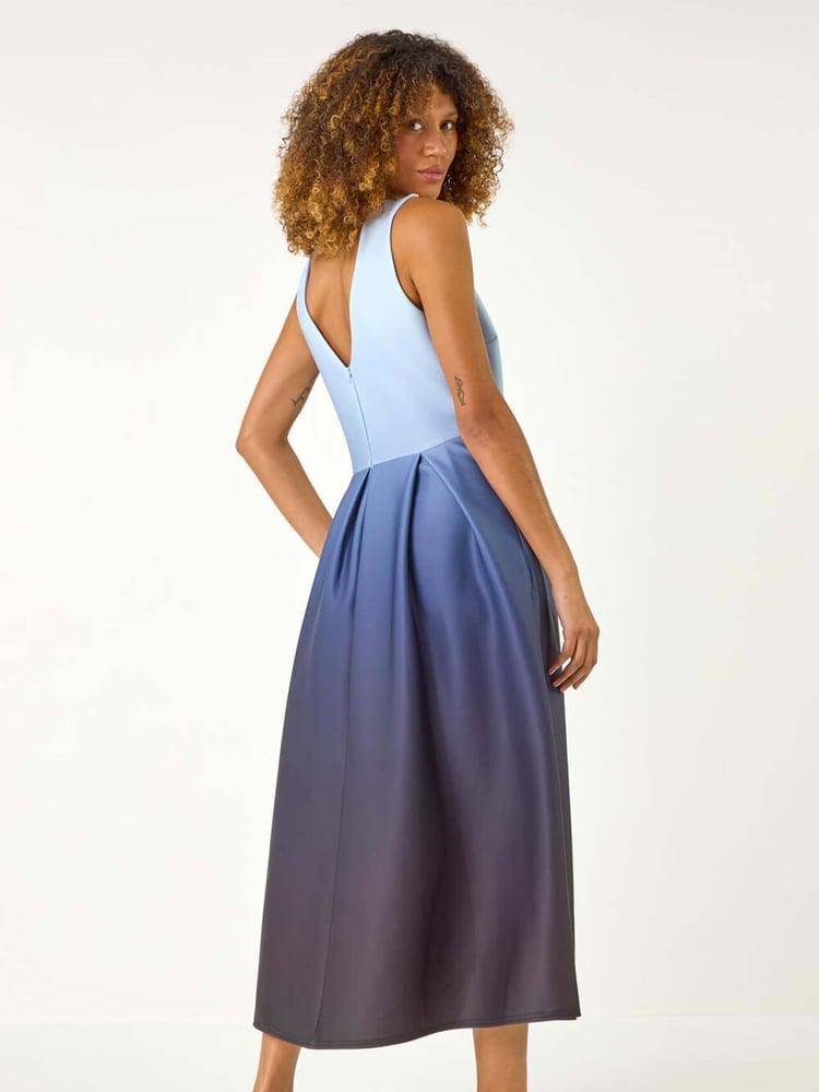 Roman Blue Ombre Pleated Luxe Stretch Midi Dress - Image 2 of 5
