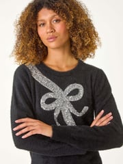 Roman Black Sequin Bow Detail Festive Christmas Jumper - Image 1 of 5