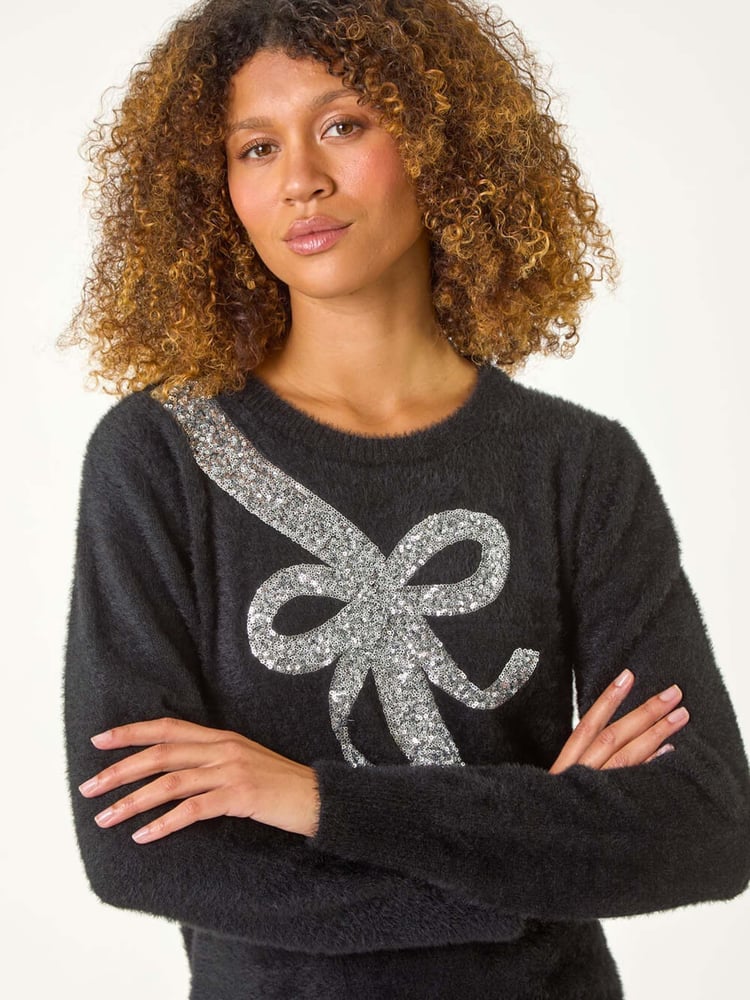 Roman Black Sequin Bow Detail Festive Christmas Jumper - Image 1 of 5