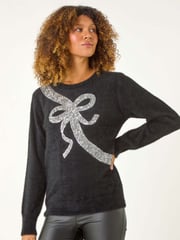 Roman Black Sequin Bow Detail Festive Christmas Jumper - Image 4 of 5
