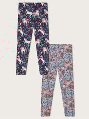 Monsoon Blue Unicorn Ditsy Print Leggings 2 Pack - Image 1 of 2