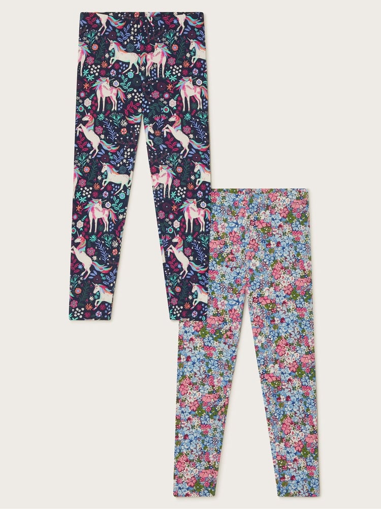 Monsoon Blue Unicorn Ditsy Print Leggings 2 Pack - Image 1 of 2
