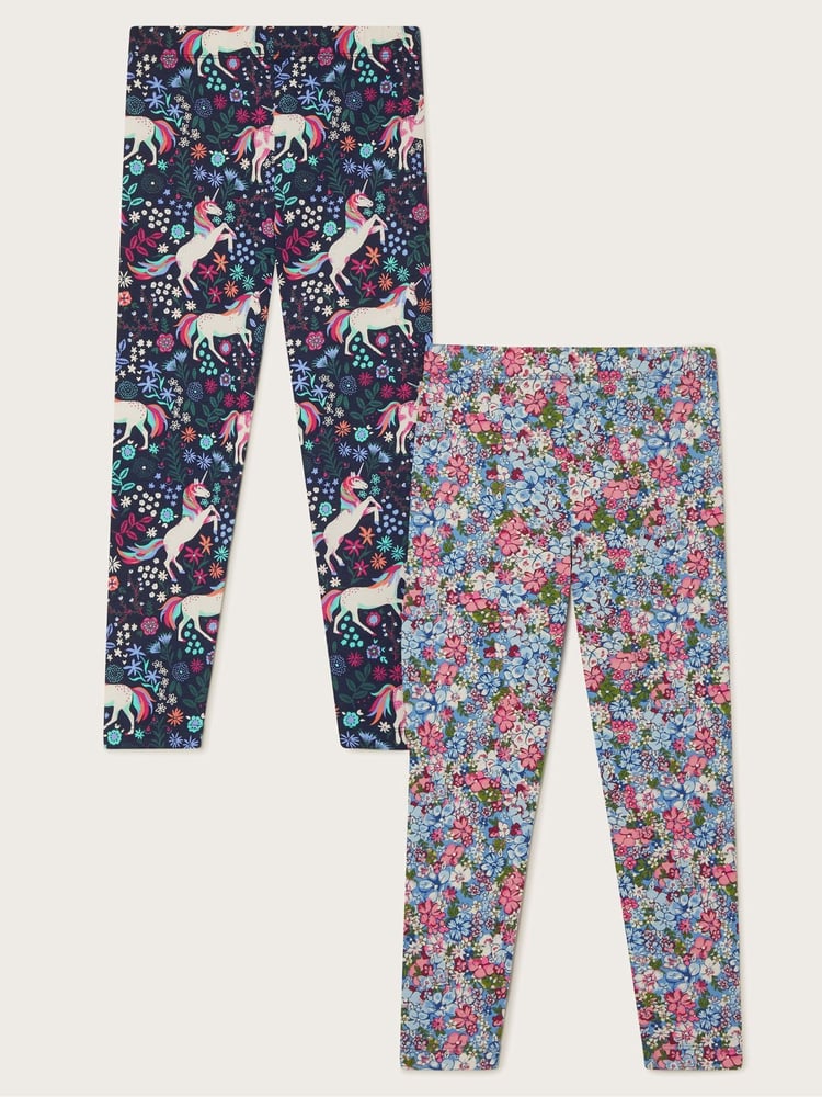 Monsoon Blue Unicorn Ditsy Print Leggings 2 Pack - Image 2 of 2