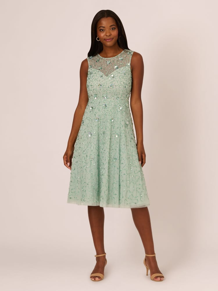 Adrianna Papell Green Illusion Beaded Mesh Dress - Image 1 of 7