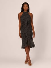 Adrianna Papell Shirred Dot Chiffon Black Midi Dress - Image 1 of 7