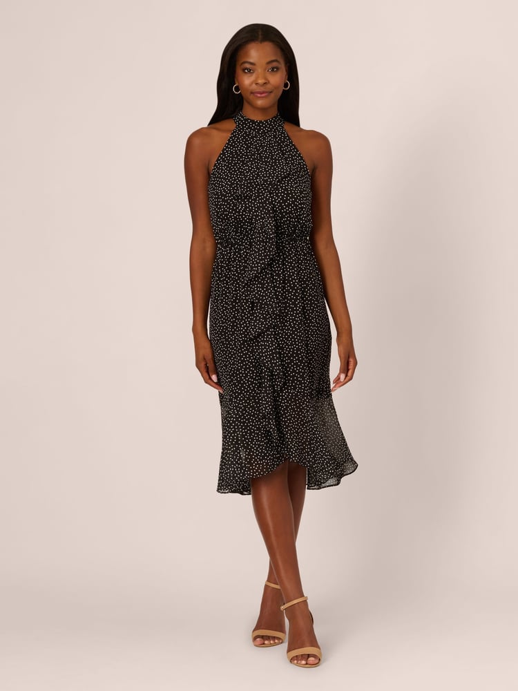 Adrianna Papell Shirred Dot Chiffon Black Midi Dress - Image 1 of 7