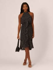 Adrianna Papell Shirred Dot Chiffon Black Midi Dress - Image 3 of 7