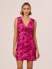 Adrianna Papell Pink Floral Sequin Short Dress - Image 1 of 7