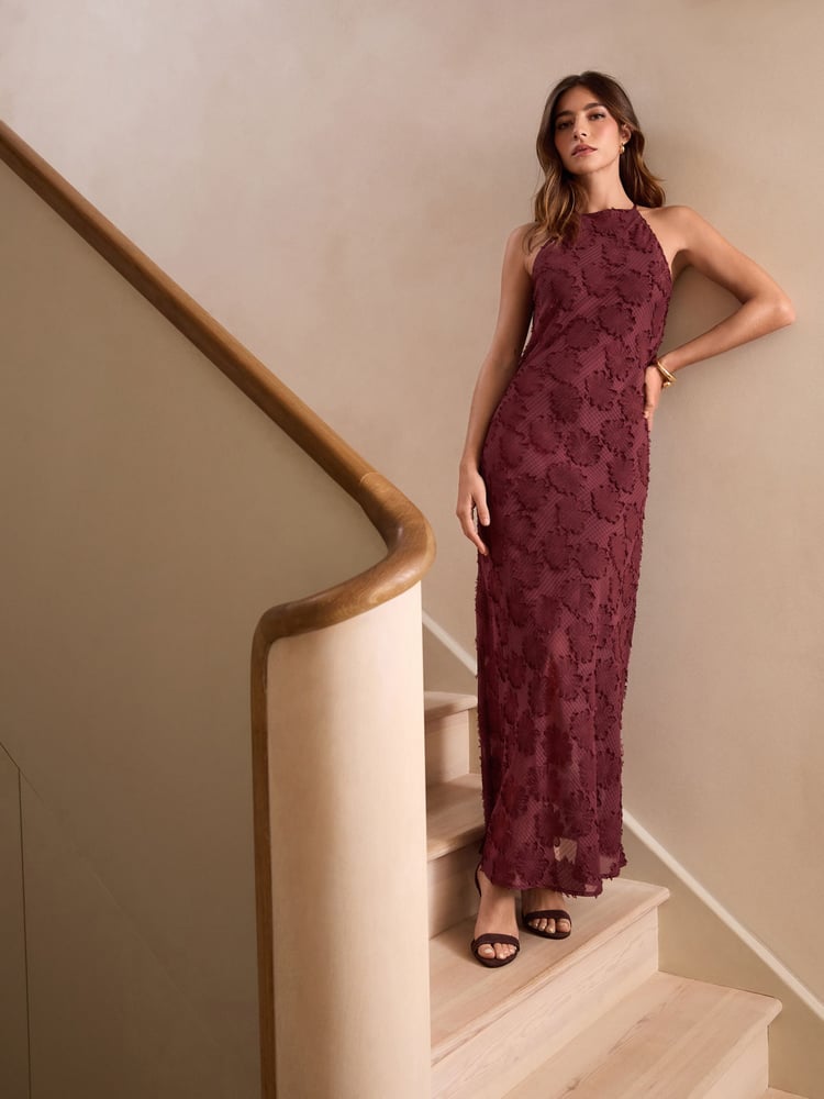Burgundy Red Occasion Floral Textured Maxi Dress - Image 1 of 5