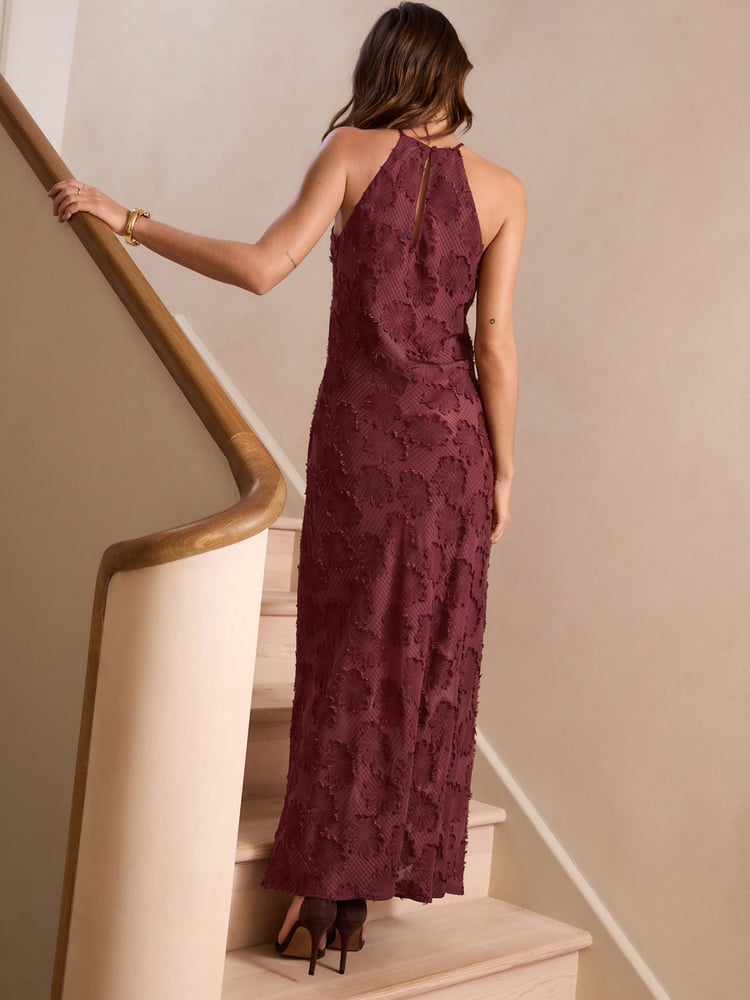 Burgundy Red Occasion Floral Textured Maxi Dress - Image 2 of 5