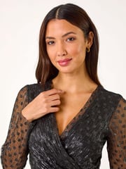Roman Black Dobby Plisse Wrap Dress - Image 4 of 5