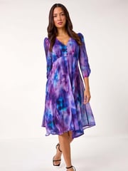Roman Purple Abstract Print Asymetric Midi Dress - Image 1 of 5