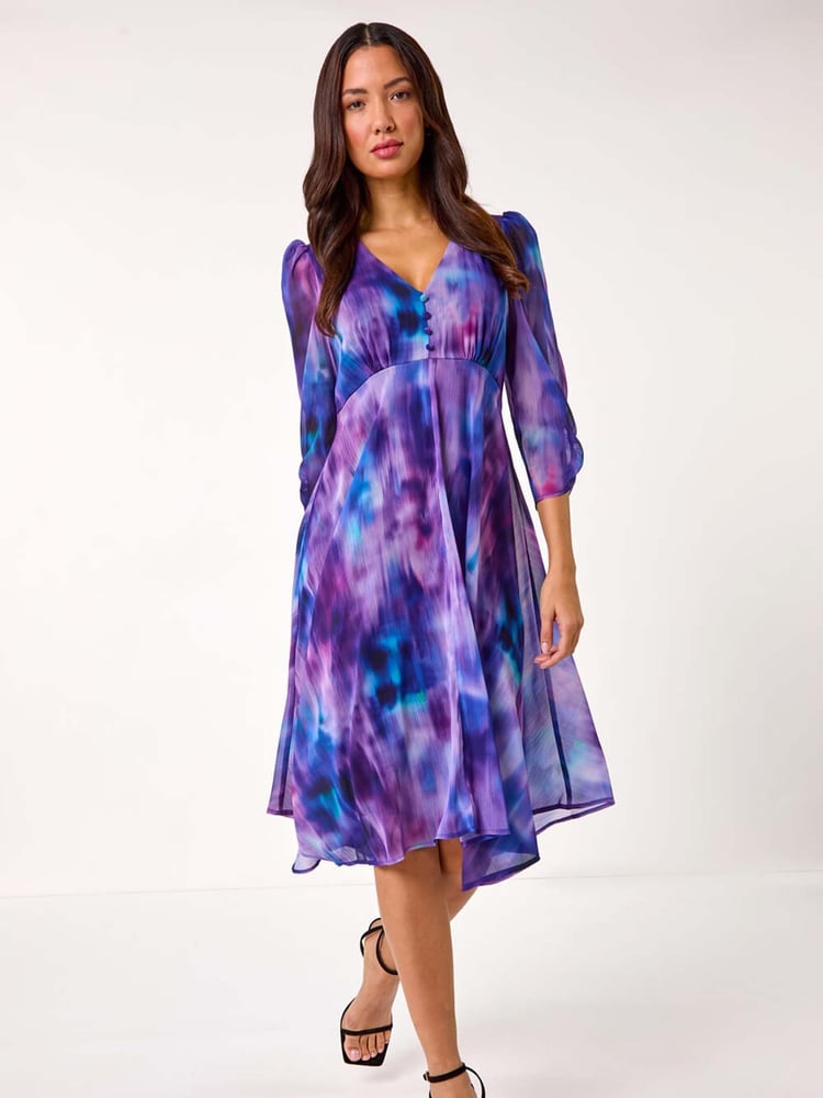 Roman Purple Abstract Print Asymetric Midi Dress - Image 1 of 5