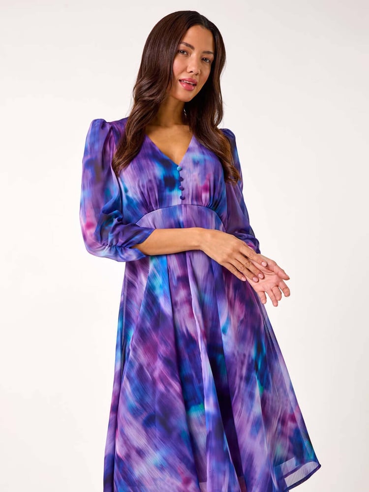 Roman Purple Abstract Print Asymetric Midi Dress - Image 2 of 5