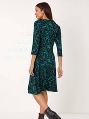 Roman Blue Wave Print Side Button Stretch Dress - Image 3 of 5