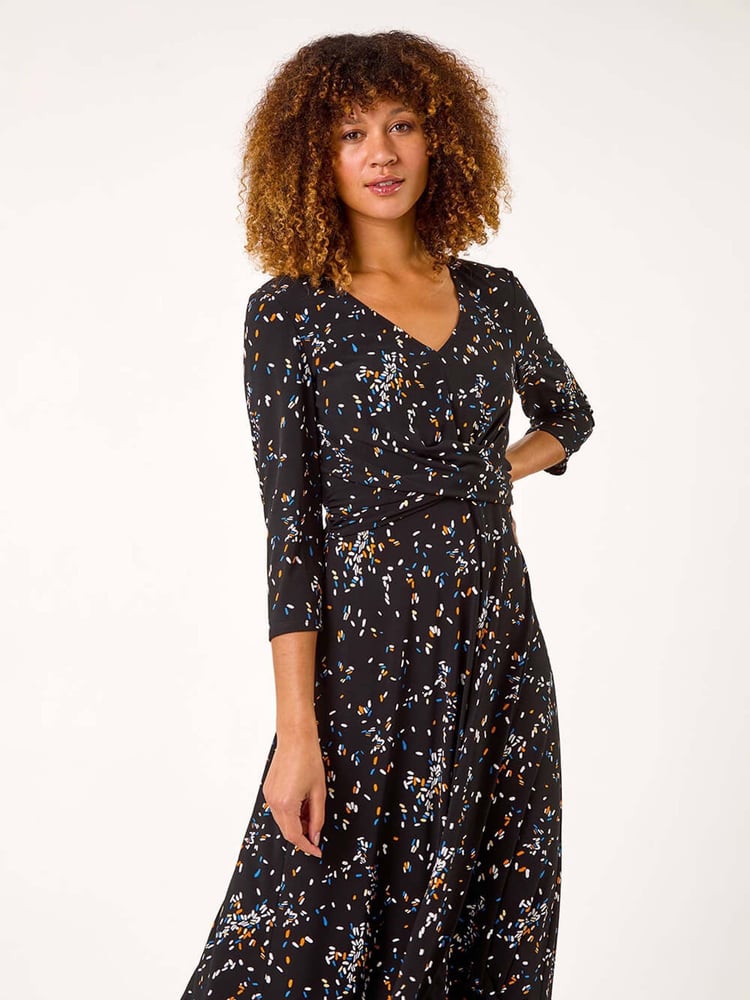 Roman Black Confetti Print Twist Midi Dress - Image 1 of 5