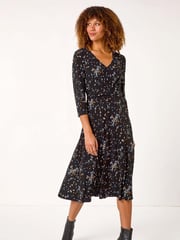 Roman Black Confetti Print Twist Midi Dress - Image 2 of 5