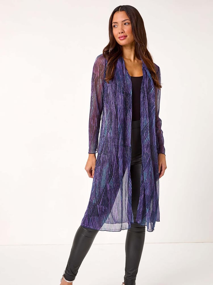 Roman Purple Metallic Geometric Plisse Kimono Cardigan - Image 2 of 5