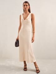 Reiss Cream Kiera Textured Drape-Neck Midi Dress - Image 1 of 6