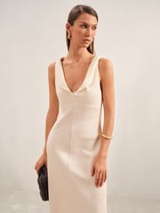 Reiss Cream Kiera Textured Drape-Neck Midi Dress - Image 4 of 6