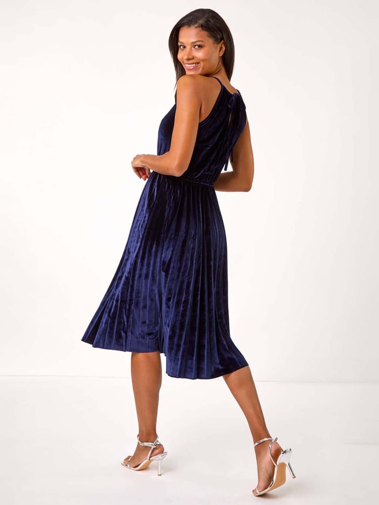 Roman Blue Velvet Halterneck Midi Dress - Image 2 of 5