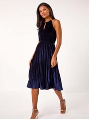 Roman Blue Velvet Halterneck Midi Dress - Image 3 of 5