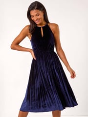 Roman Blue Velvet Halterneck Midi Dress - Image 4 of 5