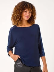 Roman Blue Sequin Sleeve Panel Stretch Top - Image 1 of 5