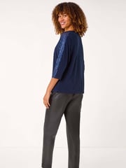Roman Blue Sequin Sleeve Panel Stretch Top - Image 3 of 5