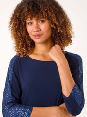Roman Blue Sequin Sleeve Panel Stretch Top - Image 4 of 5