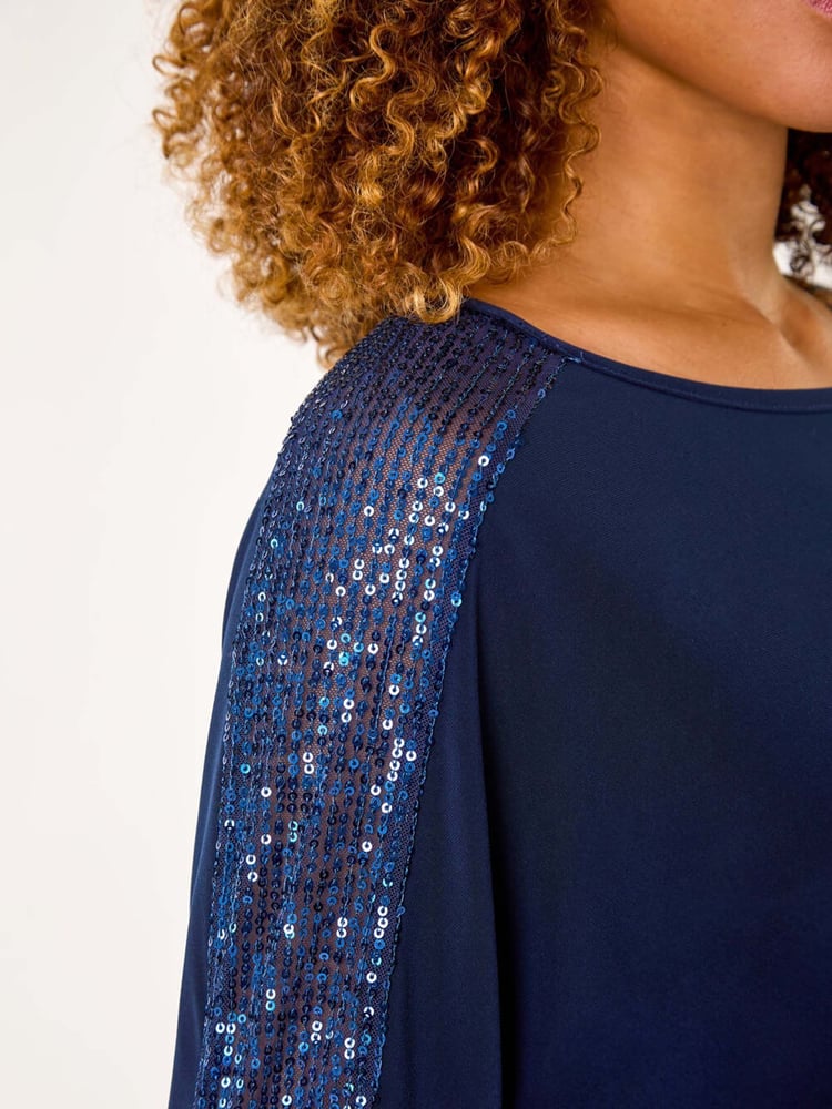Roman Blue Sequin Sleeve Panel Stretch Top - Image 5 of 5