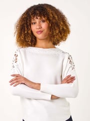 Roman White Curve Contrast Embellished Knit Jumper - Image 1 of 5