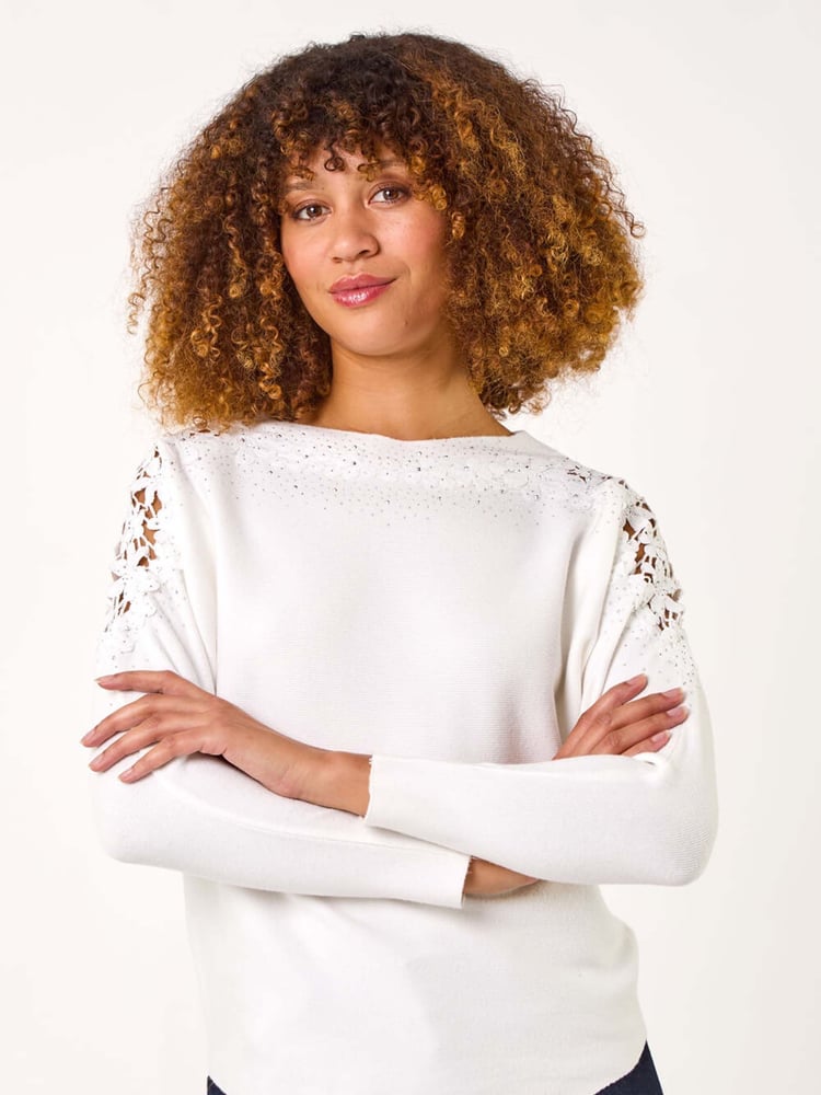 Roman White Curve Contrast Embellished Knit Jumper - Image 1 of 5
